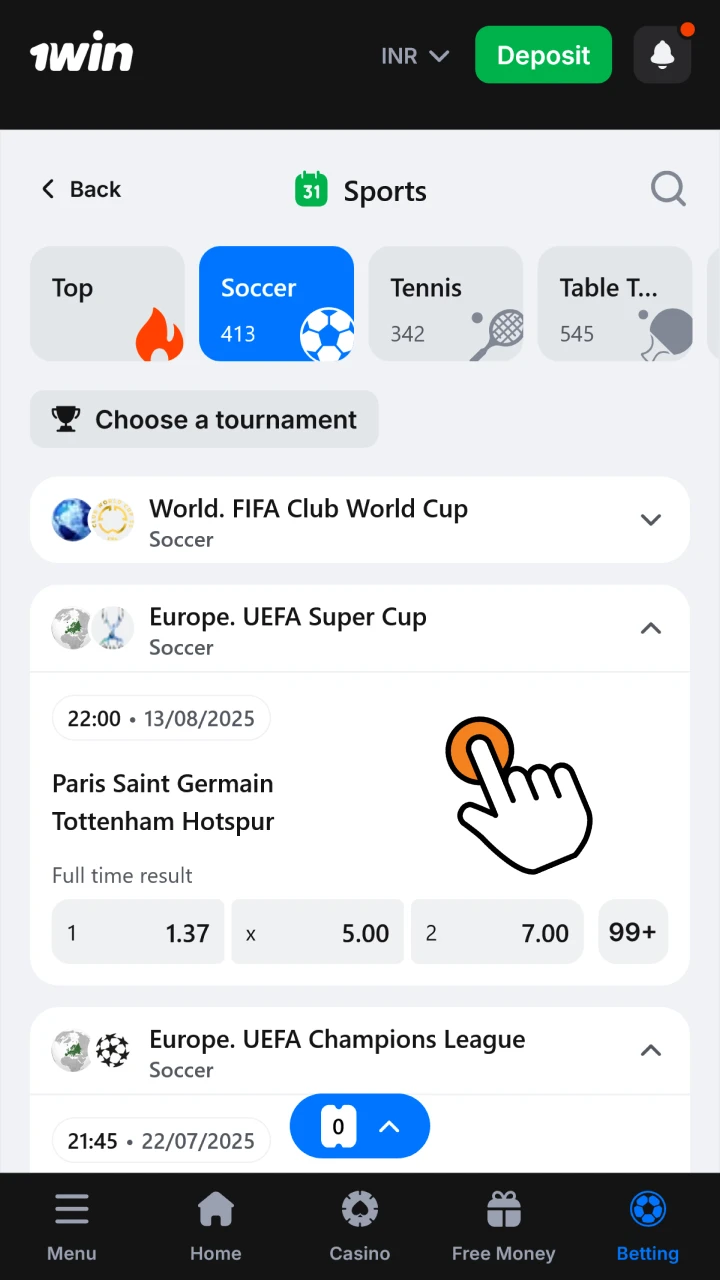 Choose a match from 1win's list to place your bet.