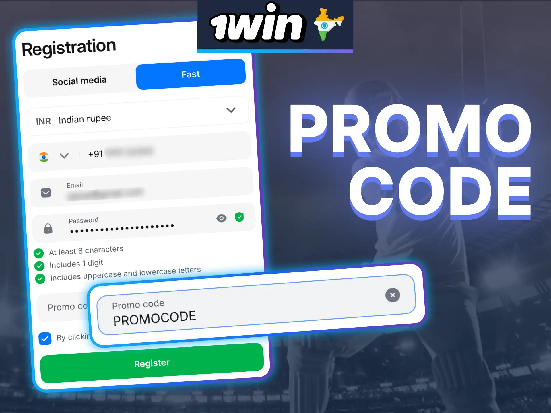 Use promo code while registration account at 1win and get bonuses.