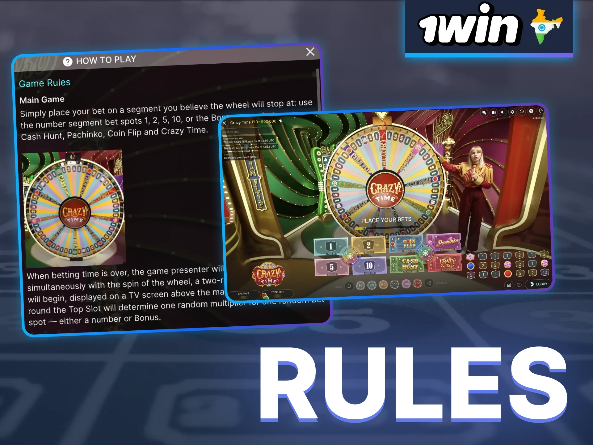 Find out information about the rules and bonus rounds of the Crazy Time game at 1win.